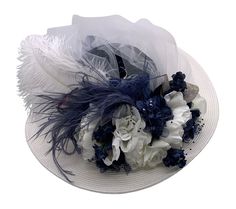 "VICTORIAN WIDE BRIM HAT - #4487 White Hat with navy  accents. This style is our Wide Brim White hat with white and navy-blue accents with white and navy-blue flowers, white gathered tulle, navy blue lace covered crown, white ostrich plume and navy ostrich feathers. SIZE:  Medium,  22\" - 22 1/2\" inches for the head circumference.                           Please measure your head to make sure the hat will fit. This hat will be made for you after you place your order Hat diameter is 17\" from b Kentucky Derby Hats For Women, Special Occasion Hats, Chic Hat, Lace Hankies, Edwardian Hat, Chiffon Bow, Steampunk Top Hat, Victorian Hats, Beige Hat