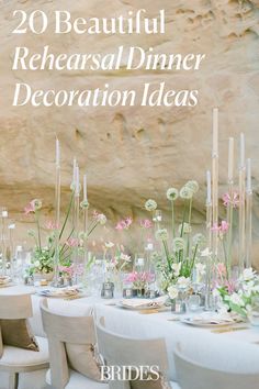 a table with flowers and candles is featured in the cover of this book, 20 beautiful rehearsal dinner decoration ideas