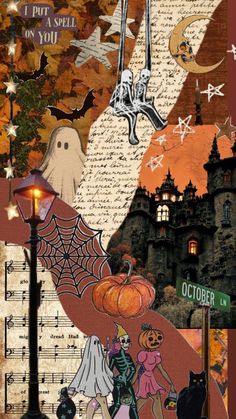 halloween collage with pumpkins, ghost and witches