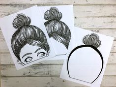 three drawings of girls with buns on their hair, one is black and white