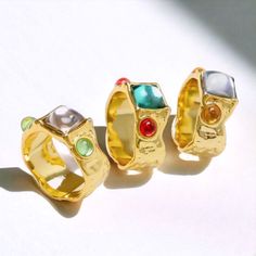 Irregular Baroque Ring- A must-have for your fall outfits 📝 . Y2K-inspired, maximalist statement chunky piece featuring a thick gold band with colorful gems. This premium, waterproof band ring is perfect for those who love Pinterest-worthy jewelry Chunky Gemstone Rings, Indie Rings, Thick Gold Band, Molten Gold, Ring Inspo, Chunky Ring, Bold Accessories, Chunky Rings, Multi Stone Ring