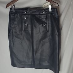 Carmen Faux Leather Skirt Soft, Three Button Front, Zipper In Back Size 4 Black Office Skirt With Button Closure, Black Pencil Skirt With Button Closure, Black Skirt With Snap Buttons For Fall, Fall Black Skirt With Snap Buttons, Black Buttoned Mini Skirt For Work, Flared Mini Skirt, Blue Mini Skirt, Carmen Marc Valvo, Button Skirt