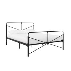 a metal bed frame with white sheets and pillows on it, against a white background