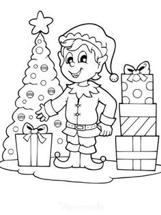 a black and white outline drawing of a boy with presents by a christmas tree posters, art prints