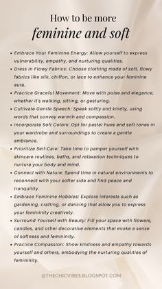 How To Be A Soft Girl Checklist, How To Be More Soft And Feminine, How To Be A Soft Woman, Being Feminine Tips, Spiritual Glow Up, Feminine Checklist, How To Be A Soft Girl, How To Feel Sexier Tips, How To Be Feminine Tips