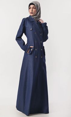 Featuring a Metal Sheen buttons opening at the front, defined 2pockets and beautiful collar neck detailing. This versatile dress will keep you looking polished at the office, on dinner dates or weekend outings. Fabric: Denim This abaya has full sleeves with cuffs. This abaya has LAPEL collar neckline The fabric is light medium-soft denim, and looks very trendy on an dress. Wash Care: Cold wash Only *INCLUDED POCKETS FOR BETTER UTILITY* Complete The Look:- Looking for something special to glam yo Formal Long Sleeve Denim Outerwear, Elegant Single Breasted Denim Outerwear, Elegant Denim Outerwear With Pockets, Coat Style Abaya, Abaya With Pockets, Denim Abaya, Dinner Dates, Denim Dresses, Coat Style