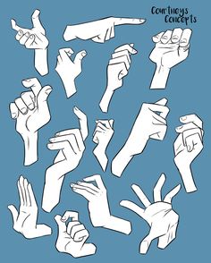 various hand gestures drawn in white ink on blue paper