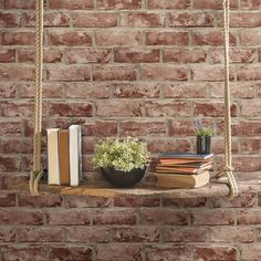 a book shelf with books and a potted plant on it, against a brick wall