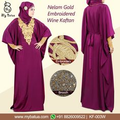 Expressive and modest Islamic wear for parties and events-Nelam Gold Embroidered Wine Kaftan.  #kaftan #fashion #muslimwear #style #clothing #picofday #summercollection #mybinsta #sisterhood #modestfashion #womenclothing #ootd #yaz #islamicclothing #womendress Modern Kaftan, Kaftan Fashion, Islamic Wear, Muslim Dresses, Moroccan Kaftan, Silk Kaftan, Islamic Clothing, Salwar Kameez Designs, Kaftan Dress