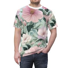 Floral elegance unisex t-shirt with floral design, perfect for adding a touch of elegance to your casual outfit. This tee has a regular fit and is tagless for comfort. Ideal for those who appreciate floral patterns and want a versatile piece for everyday wear. Relevant for birthdays, spring celebrations, and casual outings. Product features: - 100% Polyester fabric for strength and durability - With side seams for shape retention and structural support - Ribbed knit collar with seam for elasticity and shape retention - Shoulder tape for stabilization and preventing stretching - Available in two fabric weights for preference Care instructions: - Do not dryclean - Do not iron - Tumble dry: low heat - Do not bleach - Machine wash: cold (max 30C or 90F), gentle cycle Green T-shirt With All Over Print For Spring, Green All Over Print T-shirt For Spring, Green All-over Print T-shirt For Spring, Green Digital Print Top For Summer, Green Digital Print Cotton Top, Pink All Over Print T-shirt For Spring, Casual Green Tops With Digital Print, Pink T-shirt With Plant Print, Short Sleeve, Botanical Floral Print Relaxed Fit T-shirt