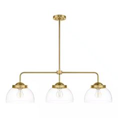 three light brass chandelier with clear glass globes hanging from an adjustable ceiling fixture