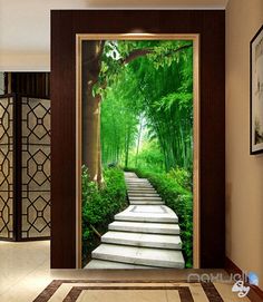 an open door with stairs leading to a lush green forest on the outside and inside