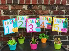 a table topped with potted plants and signs