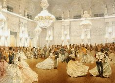 a painting of people dancing in a ballroom