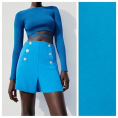 Nwt. Zara Turquoise Gold Button High-Waisted Shorts With Embossed Gold False Buttons, Side Hidden In-Seam Zip Closure. Size Xs, S, M, L. Ref. 1608/025. Size Xs - Waist 13" Flat, Rise 13", Inseam 4". Size S - Waist 13,5" Flat, Rise 13", Inseam 4". Size M - Waist 14" Flat, Rise 13", Inseam 4". Size M - Waist 15" Flat, Rise 13", Inseam 4". 1007 Blue Stretch Bottoms With Button Closure, Stretch Blue Bottoms With Button Closure, Light Blue Summer Bottoms With Button Closure, Blue Bottoms With Buttons For Spring, Fitted Blue Bottoms With Buttons, Blue Wide Leg Spring Shorts, Blue Wide Leg Shorts For Spring, Light Blue Button Closure Bottoms For Summer, Blue Buttoned Bottoms For Spring