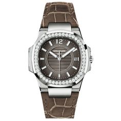 Patek Philippe Nautilus Anthracite Gray, Brown Leather Ladies Watch ($29,995) ❤ liked on Polyvore featuring jewelry, watches, gray watches, brown leather watches, leather jewelry, water resistant watches and analog watches Coach Watch, Grey Watch, Water Resistant Watch, Brown Leather Watch, White Gold Bracelet