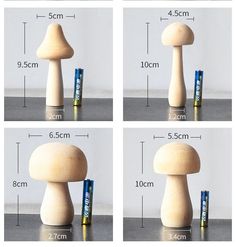 four different stages of making a mushroom shaped candle holder with two batteries and one piece of wood