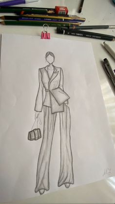 a drawing of a woman's suit and purse