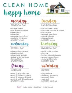 the clean home happy home schedule is shown in rainbow colors and includes an image of a house