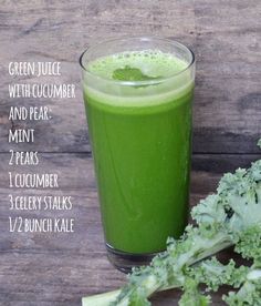 a green juice with cucumber and pear mint 2 peas 1 clumper 3 celery stalks 12 bunch kale