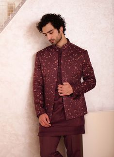 Editor's Note Showcasing The Infamous Kashmiri Jamawar Hand Embroidery On Our New Wine Short Jacket Set. Paired Tone-on-tone Short Kurta And Tapered Trousers. Fabric: Linen Silk Color: Wine Component: Jacket, Kurta, Trousers Care: Dry Clean Only About the Designer After establishing himself as the leading couturier in the industry of menswear, Jatin Malik went on to explore luxury footwear. You can order online these amazingly designed handmade shoes that are being offered in classy Caligae and Red Festive Semi-formal Blazer, Traditional Wedding Sets For Fall, Traditional Fall Wedding Sets, Burgundy Long Sleeve Semi-formal Outerwear, Red Suits For Winter Wedding, Wedding Sets With Zari Work For Fall, Traditional Long Sleeve Winter Blazer, Fall Wedding Sets With Zari Work, Red Sherwani For Festive Occasions