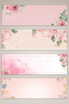 three banners with pink flowers on them and green leaves in the middle one is blank