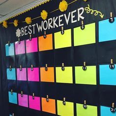 a colorful bulletin board with the words best work ever written on it and hanging from pegs