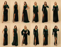 a collage of photos showing how to wear a long dress with thigh high slits