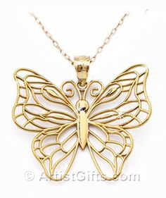 14k Gold Butterfly necklace with beautiful wing design. Made in the U.S.A. Elegant Butterfly Filigree Jewelry, Elegant Butterfly Shaped Filigree Jewelry, Gold Butterfly Engraved Jewelry, Butterfly Filigree Jewelry For Weddings, Butterfly Filigree Wedding Jewelry, Wedding Butterfly Filigree Jewelry, Yellow Gold Butterfly Jewelry With Piercing, Butterfly Filigree Jewelry As A Gift, Butterfly Shaped Filigree Jewelry Gift