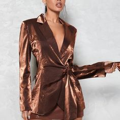 Purchase This Jacket And I Will Give You Any Item $10 Or Below At No Charge The Blazer Looks Exactly Like The Photos It Is Gorgeous, Just Doesn't Fit It Says It Is An Xs, It Is More Like A Size 8-10 But The Measurements Are Not Small 16" Shoulder 38" Chest 30" Long Gorgeous Copper Metallic Flattering.... The Prettiest Outfit At The Party Tie Front Lapel Blazer Non-Stretch 91% Polyester, 9% Elastane Lining: 100% Polyester Chic Brown Outerwear For Night Out, Chic Gold Long Sleeve Outerwear, Brown Fall Blazer For Night Out, Brown Blazer For Night Out In Fall, Chic Brown Blazer For Night Out, Chic Gold Blazer For Fall, Fitted Brown Outerwear For Night Out, Gold Long Sleeve Outerwear For Night Out, Chic Gold Long Sleeve Blazer