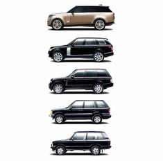 four black suvs are shown side by side in three different colors and sizes, each with