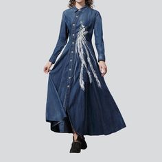 Introducing our 2023 Spring-Summer Collection ââ‚?the street style painting embroidery denim dress. This unique piece is specially crafted to bring you the perfect blend of contemporary fashion and nostalgic styles.Why You'll Love Our DressThis fit and flare dress is sure to make a statement with its bold embroidery and edgy distressed pattern. The resilient zipper and stylish button closure provide flawless functionality and long-lasting comfort. Crafted with premium quality denim. this dress i Embroidered Denim Blue Dress, Embroidered Blue Denim Dress, Embroidered Denim Blue Long Sleeve Dress, Embroidered Denim Dress In Blue, Embroidered Fitted Denim Dress, Blue Embroidered Denim Dress, Embroidered Long Sleeve Denim Blue Dress, Denim Long Sleeve Dress With Floral Embroidery, Embroidered Long Sleeve Denim Summer Dress