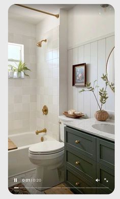 a white toilet sitting next to a bath tub in a bathroom under a window with potted plants