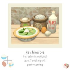 an image of some food on a table with the words key line pie ingredients optimal level 7 cooking skill party serving