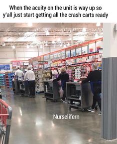 people are shopping in a store with carts full of items and the caption reads, when the acuvy on the unit is way up so y'all just start getting all the crash cars