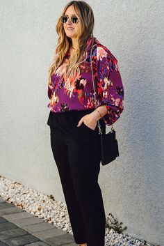 Purple Plus Size Abstract Print V-neck Long Sleeve Blouse Floral Print V-neck Tops For Work, Chic Spring Blouse With Notched Neckline, Spring V-neck Top With Notched Neckline For Work, Spring Office Wear V-neck Blouse, Fall Split Neck Tops For Workwear, Floral Print V-neck Top For Office, Spring Workwear Blouse With Split Neck, Spring Workwear Blouse With Notched Neckline, Spring Workwear Split Neck Blouse