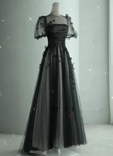 Black Round Neckline Tulle A-line Party Dress, Black Tulle Evning Dres – BeautyDressy Prom Dress Black, Black Evening Dress, A Line Prom Dress, Evening Dresses With Sleeves, Prom Dress Inspiration, Ball Gowns Evening, Black Formal, Pretty Prom Dresses, A Line Prom Dresses