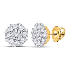 With a total gemstone carat weight of 1 and 1/4, these 14kt yellow gold round diamond cluster earrings are a beautiful and luxurious accessory. The earrings weigh approximately 2.51 grams and feature stunning round diamonds with a G-H color and I1-I2 clarity, prong-set for a secure and sophisticated appearance. The primary gemstone carat weight is 1.23, with no other gemstones present. These earrings are a timeless and elegant addition to any jewelry collection.Precious Metal Type: 14kt Yellow G Luxury White Gold Diamond Earrings From Macy's, Luxury Diamond White Diamond Earrings With Diamond Cut, Luxury Diamond White Diamond Earrings, Luxury Round Diamond Earrings Fine Jewelry, Luxury Hypoallergenic Diamond Earrings For Anniversary, Luxury Round Cut Diamond Earrings For Anniversary, Luxury Brilliant Cut Diamond Earrings For Anniversary, Luxury Designer White Gold Diamond Earrings, Luxury Hypoallergenic White Gold Diamond Earrings