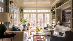 a living room filled with furniture and lots of windows