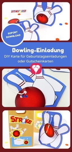 DIY Einladungskarte im Bowlingkugel-Design von balloonas. Die Karte kann für Geburtstagseinladungen oder als Gutschein verwendet werden.