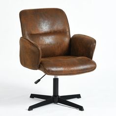 a brown office chair sitting on top of a black metal base