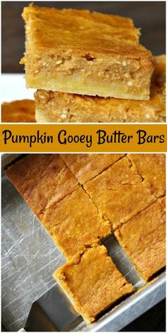 pumpkin gooey butter bars cut into squares and stacked on top of each other with text overlay