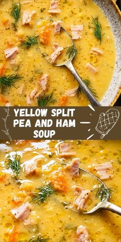 two bowls of yellow split pea and ham soup