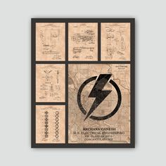 the flash logo is shown in black and white on an old paper with other drawings