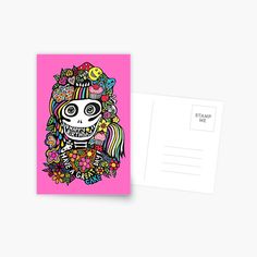 a pink postcard with a skull and flowers on it