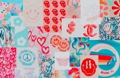 many different stickers and symbols are arranged in a mosaic pattern, including hearts, flowers, and the letter c