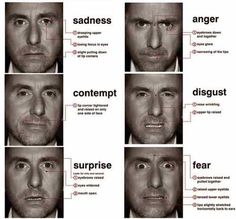 an image of different facial expressions in the same person's face, with words describing them