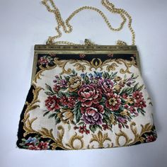 Vintage floral tapestry purse/bag with metal frame and chain strap shoulder bag brown fabric interior with pocket great vintage condition  measurements in pictures Vintage Crossbody Bag With Chain Strap, Vintage Shoulder Bag With Chain Strap For Travel, Vintage Shoulder Bag With Chain Strap For Everyday Use, Vintage Chain Strap Shoulder Bag For Everyday Use, Vintage Gold Crossbody Bag, Vintage Shoulder Bag With Chain Strap, Vintage Shoulder Bag Clutch With Chain Strap, Vintage Shoulder Bag With Chain Strap Clutch, Vintage Clutch Shoulder Bag With Chain Strap