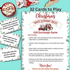 the christmas white elephant rules card game is displayed next to some candy and candies