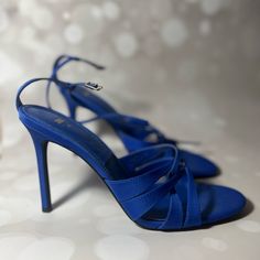 Brand New - Never Worn Blue Sandals For Spring Party, Blue Sandals For Party In Spring, Blue Synthetic Sandals For Party, Blue High Heel Synthetic Sandals, Blue High Heel Sandals With Heel Strap, Blue Sandals With Heel Strap For Party, Blue Strappy Heels For Evening, Blue Strappy Evening Heels, Blue Open Toe Sandals For Party